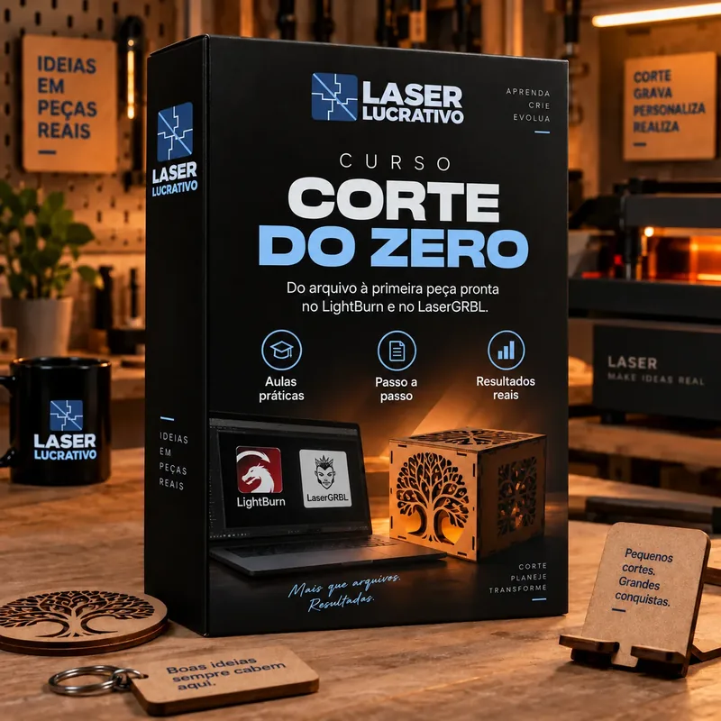 Caixa do Curso Corte do Zero, com LightBurn e LaserGRBL na capa