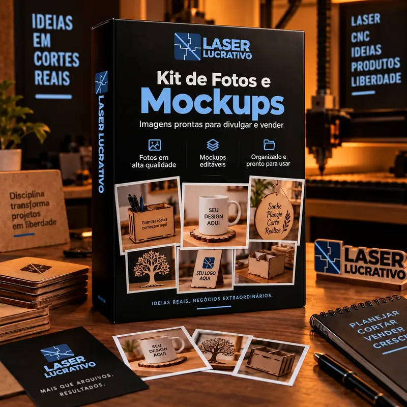 Caixa do Kit de Fotos e Mockups, com fotos de produtos cortados a laser