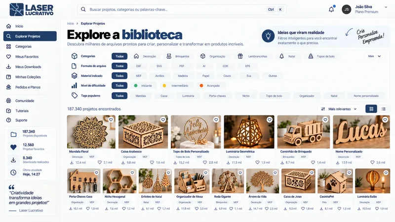 Tela de explorar projetos com filtros por categoria, formato de arquivo, material e dificuldade