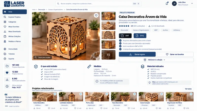 Página de um projeto com download em DXF e SVG, medidas, materiais indicados e projetos relacionados
